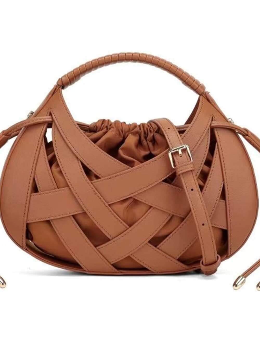 Woven Semicircle Crossbody Bag, Boho Drawstring Shoulder Purse | 3D cage woven e
